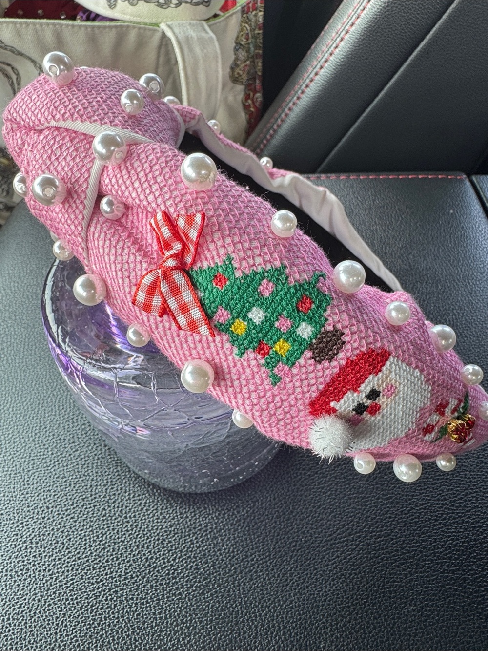 Brianna Cannon Pearl-Embellished Holiday Headband with Santa & Tree embroidery